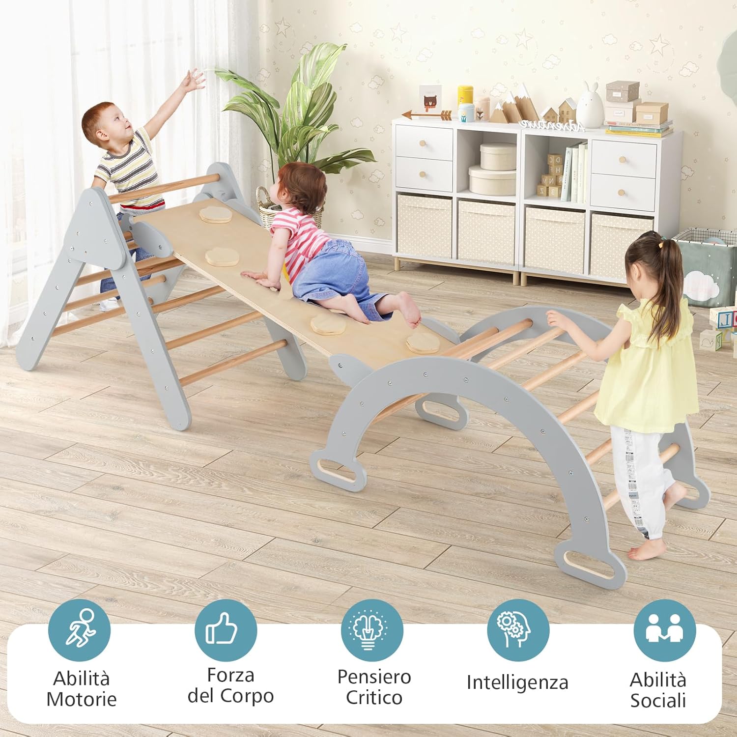 3 in 1 Set da Arrampicata per Bambini, Giocattoli da Arrampicata a Triangolo con Triangolo Arco e Salita, Ideale per Bambini 1 Anni + (Grigio)
