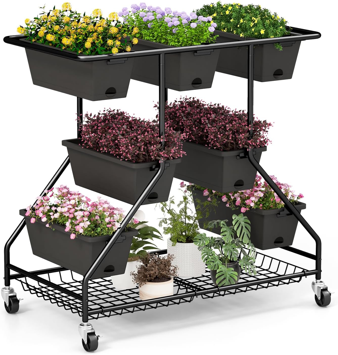 Letto da Giardino Verticale Sollevato con 7 Vasi, Cestini di Stoccaggio, Fori di Drenaggio e 4 Ruote Bloccabili, Scaffale Portafiori da Esterno ed Interno, Piantatore Elevato a 3 Livelli per O