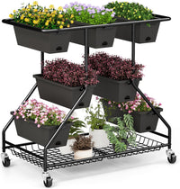 Letto da Giardino Verticale Sollevato con 7 Vasi, Cestini di Stoccaggio, Fori di Drenaggio e 4 Ruote Bloccabili, Scaffale Portafiori da Esterno ed Interno, Piantatore Elevato a 3 Livelli per O