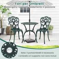 Set da Bistro da Patio a 3 Pezzi, Sedie e Tavolo in Alluminio con Foro per Ombrello, Set da Bistro da Esterno per Veranda, Giardino e Piscina (Verde)