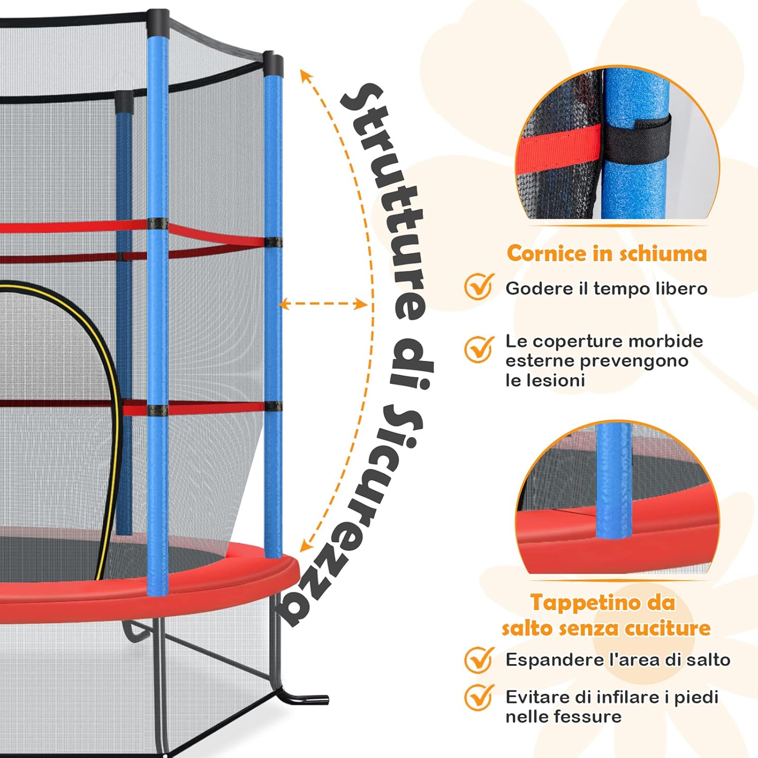 Trampolino Elastico Bambino in Acciaio, Tappeto Elastico Bambini da Esterno e da Interno, con Rete e Cusicnetti Antiscivolo（Blu)