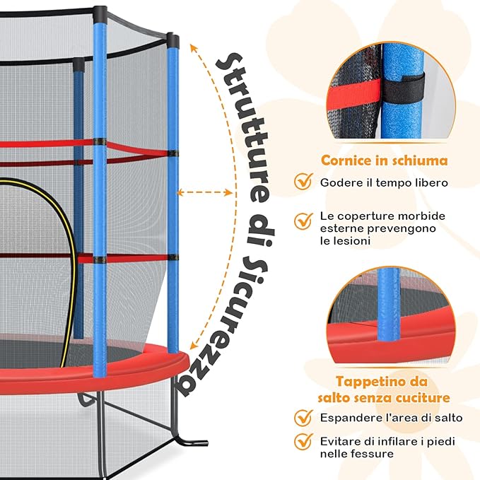 Trampolino Elastico Bambino in Acciaio, Tappeto Elastico Bambini da Esterno e da Interno, con Rete e Cusicnetti Antiscivolo