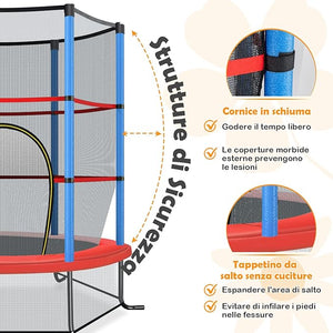 Trampolino Elastico Bambino in Acciaio, Tappeto Elastico Bambini da Esterno e da Interno, con Rete e Cusicnetti Antiscivolo