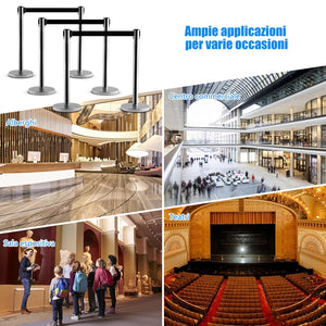 6 Paletti di Delimitazione, Colonnine Segnapercorso Corda, Barriera in Acciaio Inox con Nastro Retrattile, Ideale per Hotel Ristorante Cinema