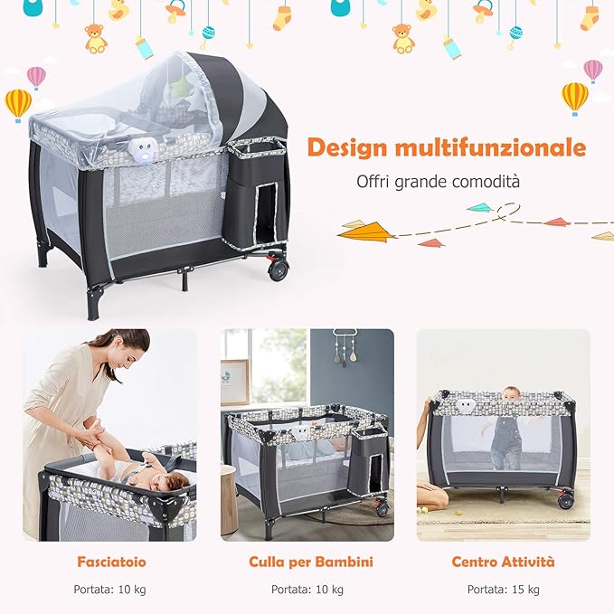 Lettino Culla da Viaggio per Neonati e Bambini, Box Portatile Pieghevole, con Materassino Ruote e Borsa, Nero