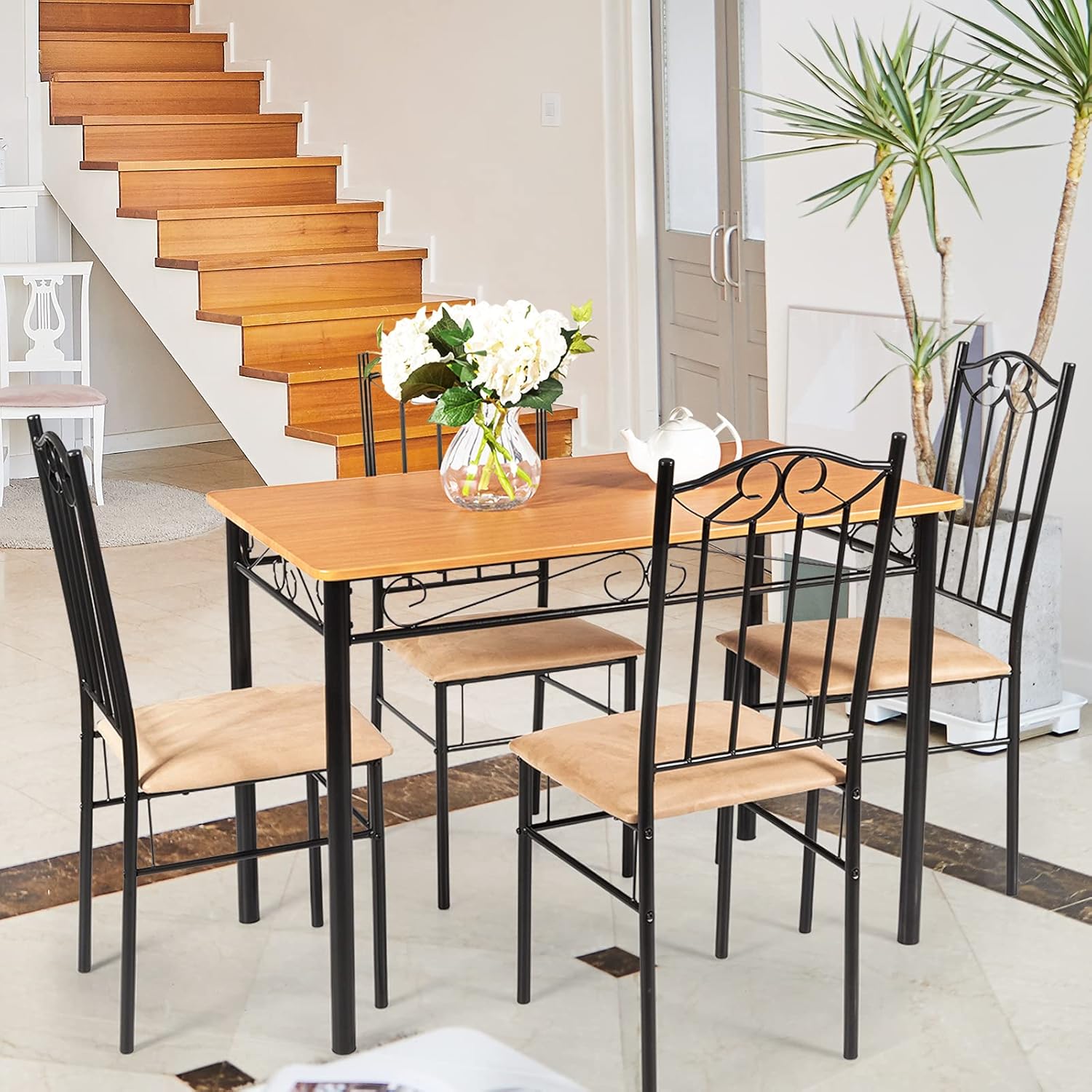 Set da Pranzo da 5 Pezzi con Struttura in Metallo, Set di Tavolo Cucina 107 cm con 4 Posti, Set Mobili Salvaspazio per Soggiorno Cucina Bar Ristorante, Originale e Nero