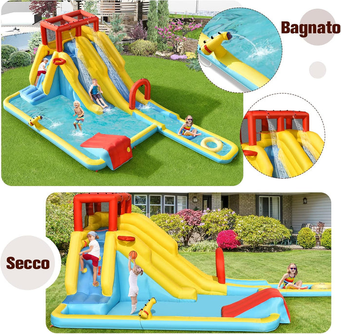 Castello Gonfiabile 8 in 1 per Bambini, con 2 Scivoli, Cannone ad Acqua, Parete di Arrampicata, con Borsa di Trasporto e Kit di Riparazione, per 3 Bambini di 3-10 Anni, 622 x 335 x 225 cm