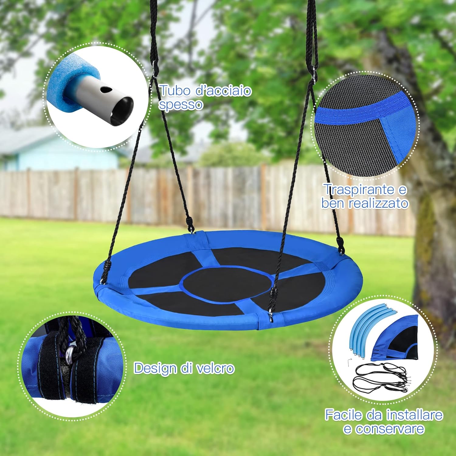 Altalena da Giardino a Nido, Altalena da Giardino per Bambini, con Telaio in Metallo, Regolabile in Altezza: 100-160 cm, Carico Fino a 150 kg (Blu)