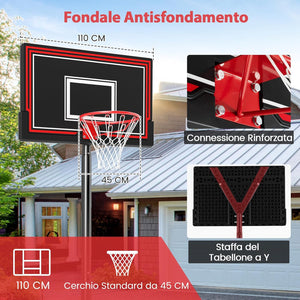 Canestro da Basket da Esterno Regolabile in Altezza 230-305 cm con Tabellone Resistenza agli Urti da 110 cm, Ruote e Base Riempibile, Canestro da Basket Portatile per Adulti e Ragazzi
