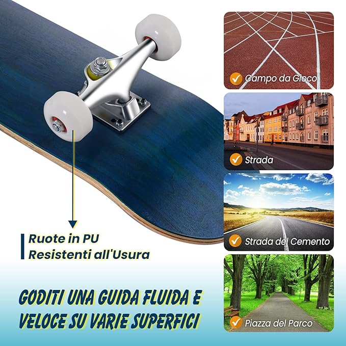 Skateboard Mini Cruiser Completa Longboard in Legno di Acero, Colori a Scelta, 79 x 20 cm