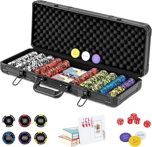 Poker Chips, Set di Fiches da Poker con 500/300 Chips e Custodia in Alluminio, Mazzo di Carte 5 Dadi, Set di Fiches per Party Viaggi e Feste (500 chips)