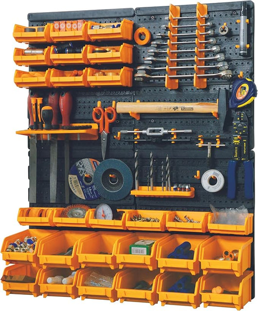 Kit 4 pannelli 323x17x385 mm + 2 supporti utensili + 2 mensole per chiavi inglesi + 38 ganci, in polipropilene