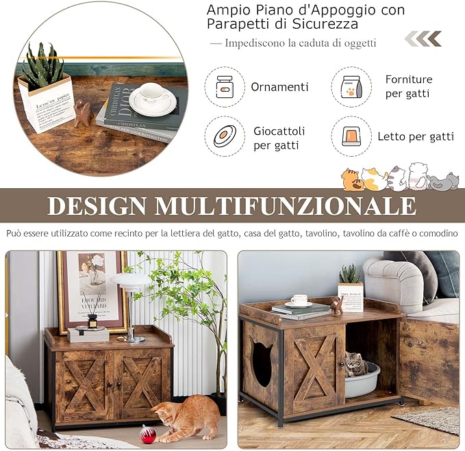 Lettiera per Gatti con Porta Apribile, Ingresso Laterale e Divisorio Rimovibile, Casetta per Gatti Multiuso, Adatto a Soggiorno, Ingresso e Camera da Letto, Portata 45 kg, 80 x 50 x 58 cm