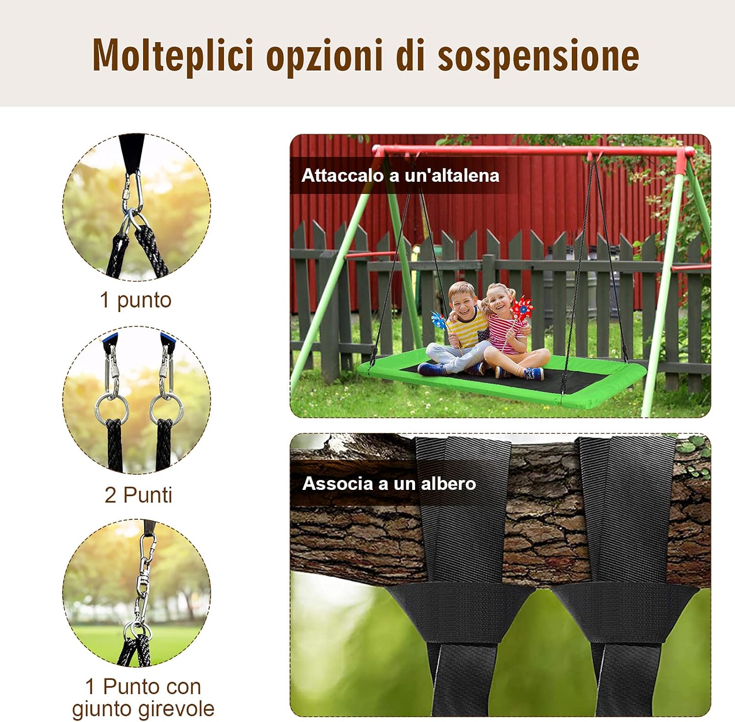 Altalena da Giardino per Bambini, Altalena 150cm con Struttura in Acciaio, Con Corde Regolabili, Adatta per Portico Cortile Giardino (Verde)