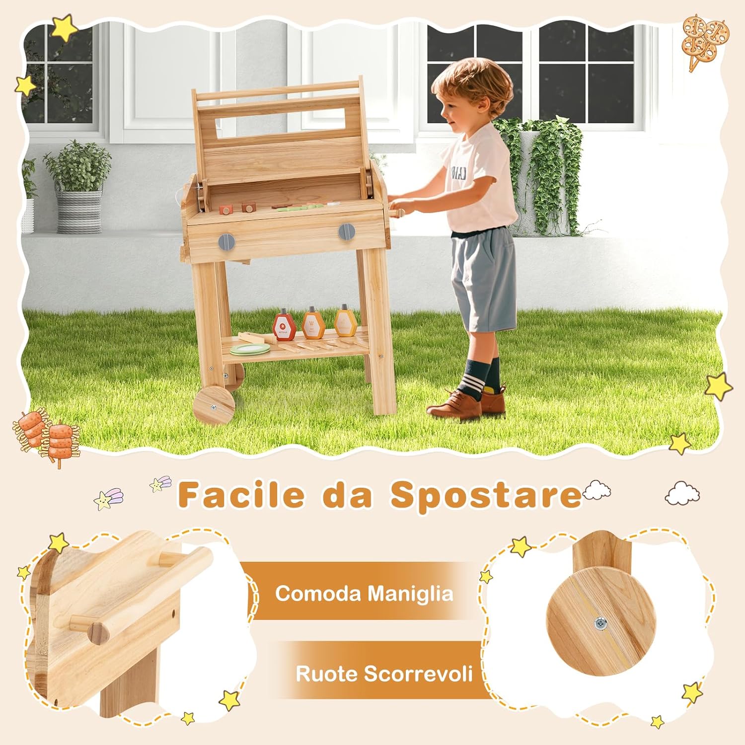 Barbecue Giocattolo per Giardino in Legno di Abete, Griglia Carrello Bambini con Cibo, Set Cucina Giocattolo con 25 Accessori BBQ, 53 x 36 x 63 cm, per Bambini 3+ Anni