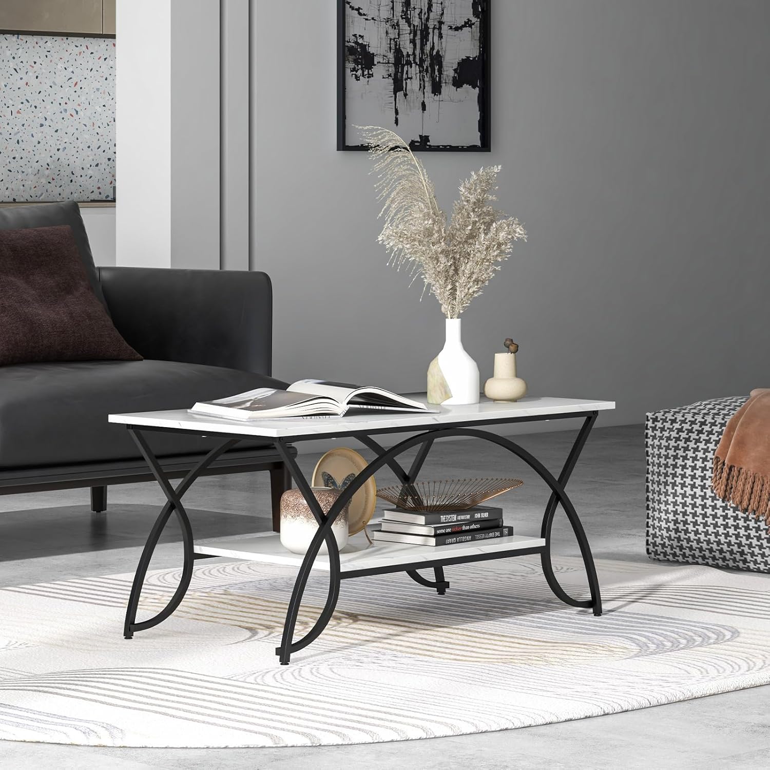 Tavolino da Caffè da Salotto, Tavolino Rettangolare a 2 Livelli con Struttura in Metallo, Tavolino Elegante e Moderno per Studio, Ufficio e Soggiorno, 100 x 50 x 45 cm (bianco e nero)