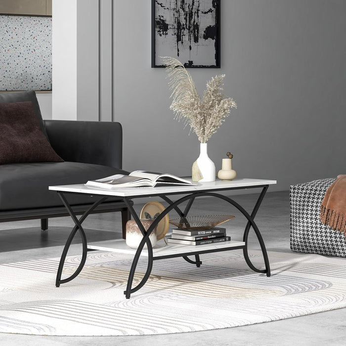 Tavolino da Caffè da Salotto, Tavolino Rettangolare a 2 Livelli con Struttura in Metallo, Tavolino Elegante e Moderno per Studio, Ufficio e Soggiorno, 100 x 50 x 45 cm (bianco e nero)