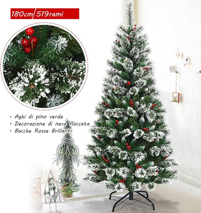 Albero di Natale Innevato 150/180/210/240 cm, Albero di Natale Artificiale con Rami, Bacche Rosse e Base di Metallo, Decorazione Natalizia per Casa, Negozio e Ufficio (180 CM)
