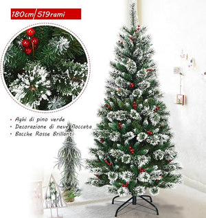 Albero di Natale Innevato 150/180/210/240 cm, Albero di Natale Artificiale con Rami, Bacche Rosse e Base di Metallo, Decorazione Natalizia per Casa, Negozio e Ufficio (180 CM)