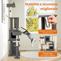 Tiragraffi per Gatto Alto 180 cm, Albero Tiragraffi Gatto con 8 Piattaforme, 4 Pali Sisal e 2 Palline Pompon, Torre Tiragraffi per Gatti con 2 Condomini Rimovibili, Grigio