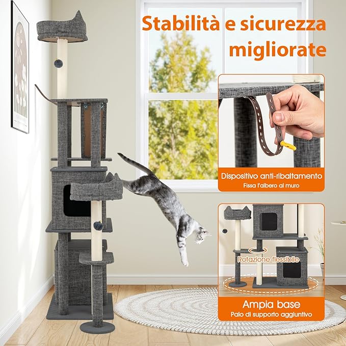 Tiragraffi per Gatto Alto 180 cm, Albero Tiragraffi Gatto con 8 Piattaforme, 4 Pali Sisal e 2 Palline Pompon, Torre Tiragraffi per Gatti con 2 Condomini Rimovibili, Grigio