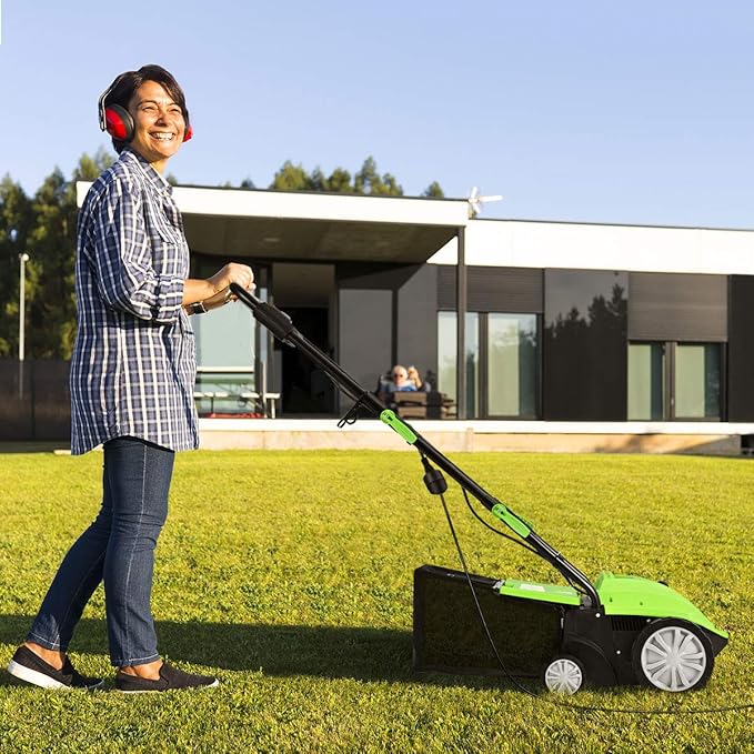 Scarificatore 2 In-1 per Prato, Arieggiatore Elettrico con Sacco Raccoglitore da 30L, Larghezza 32cm, con 3 Posizioni Regolabili, Scarificatore 1500W per Giardino Cortile (32 cm, Verde)