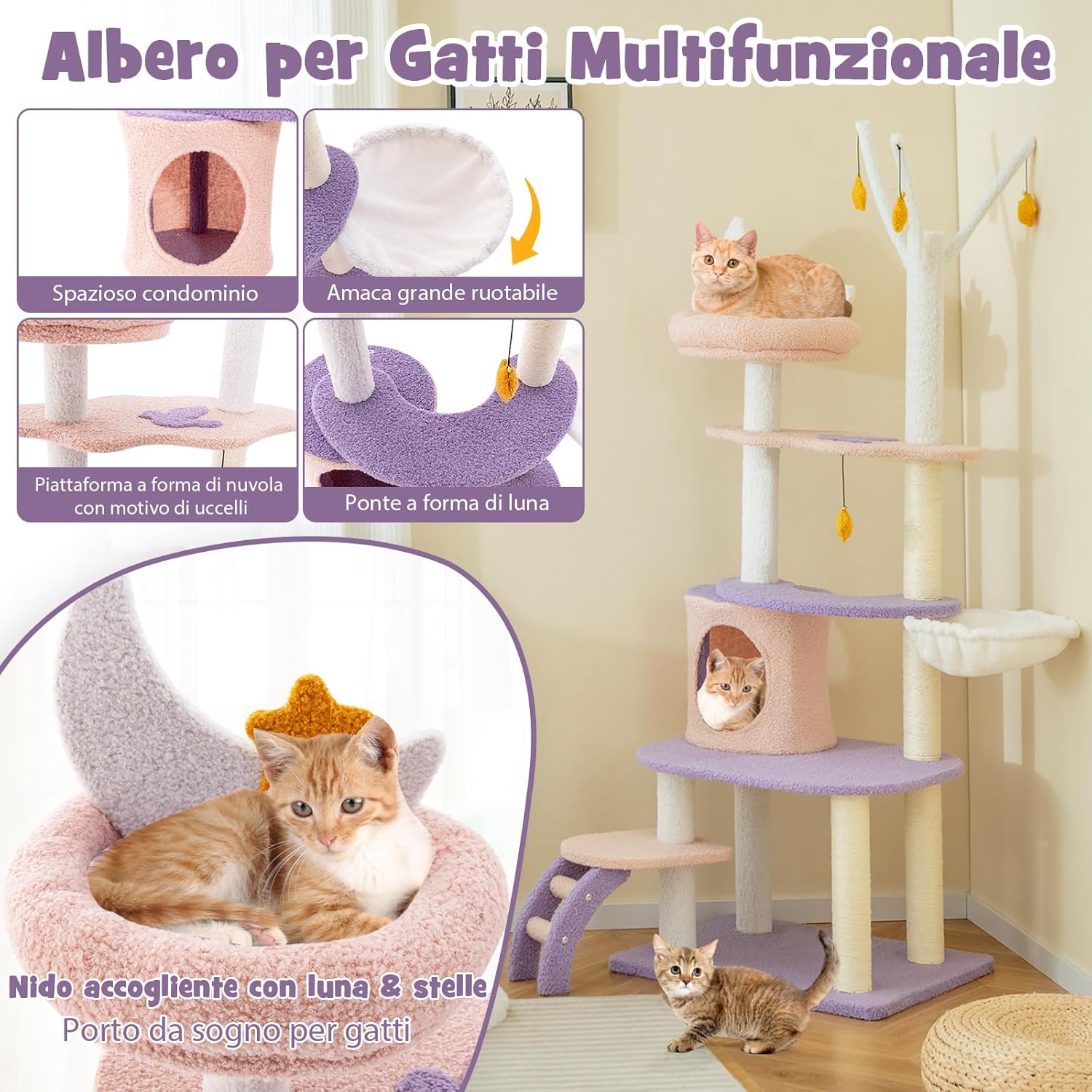 Albero per Gatti da 158 cm, Torre per Gatti Multi-livello Viola con Scala, Pali Graffiati Rivestiti di Sisal, Piattaforme, Giocattoli a Stella Pendenti e Cuccia