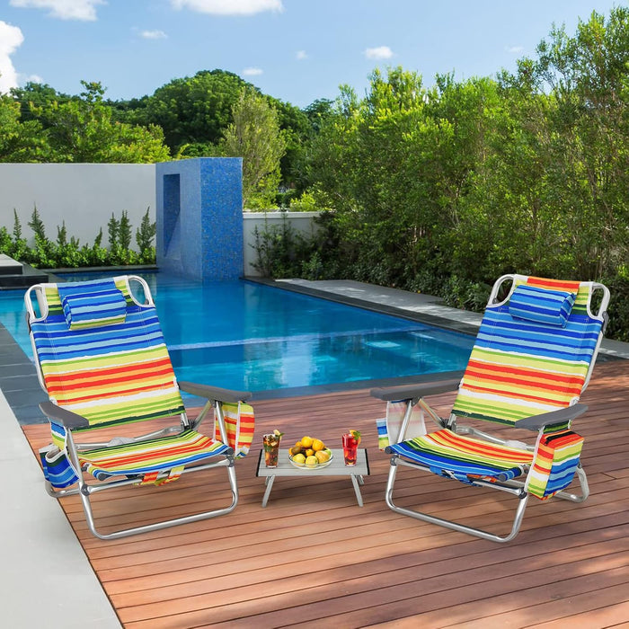 Set di Sedie da Spiaggia e Tavolino, Sedie da Esterno Reclinabili con Tavolino da Campeggio, Set di Tavolino in Alluminio e 2 Sedie Pieghevoli da Spiaggia a 5 Posizioni (Blu+Giallo)