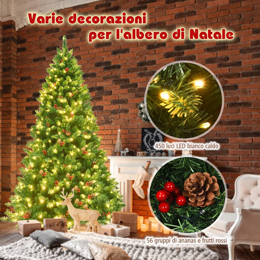Albero di Natale da 135/195 cm, Albero di Natale Artificiale con 300/450 Luci LED Bianco Caldo, 516/1100 Rami, 32/56 Pigne e 32/56 Bacche Rosse e Base in Metallo, Verde (195cm)