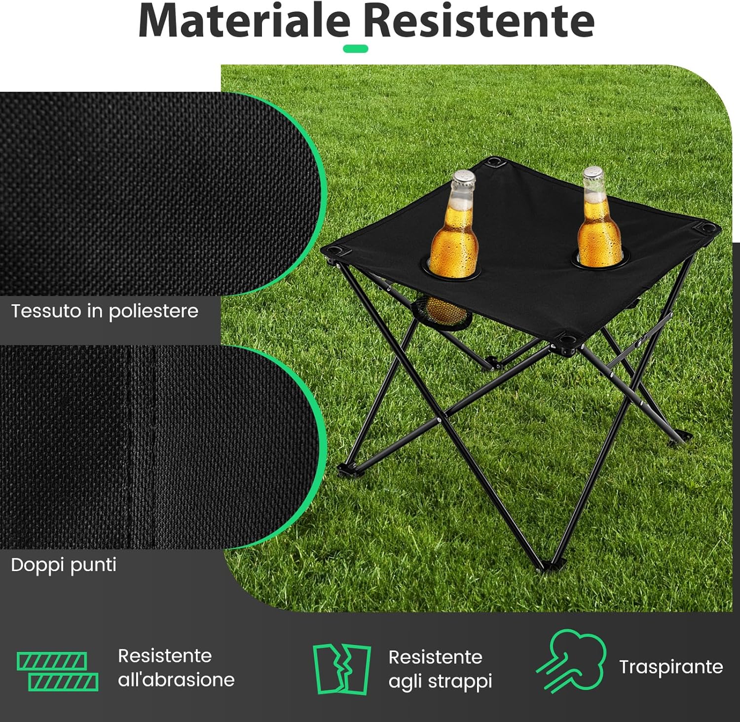 Set di 3 Sedie da Campeggio Pieghevoli, Sedia da Giardino Portatile e Tavolino con 2 Portabicchieri, Tasche Portaoggetti, per Pesca, Escursioni, Picnic