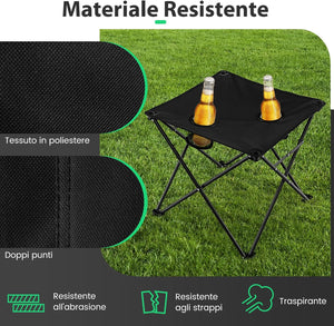Set di 3 Sedie da Campeggio Pieghevoli, Sedia da Giardino Portatile e Tavolino con 2 Portabicchieri, Tasche Portaoggetti, per Pesca, Escursioni, Picnic