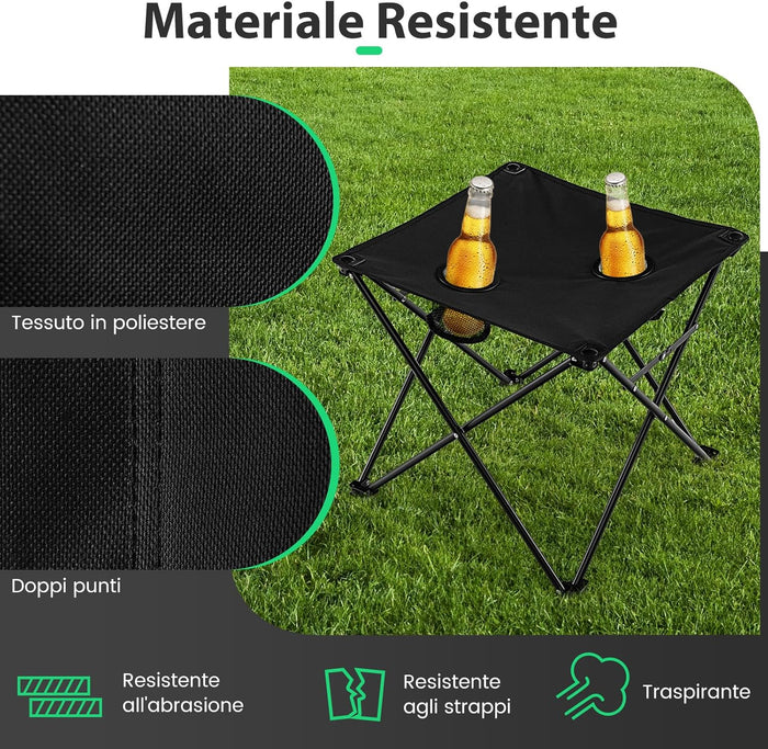 Set di 3 Sedie da Campeggio Pieghevoli, Sedia da Giardino Portatile e Tavolino con 2 Portabicchieri, Tasche Portaoggetti, per Pesca, Escursioni, Picnic
