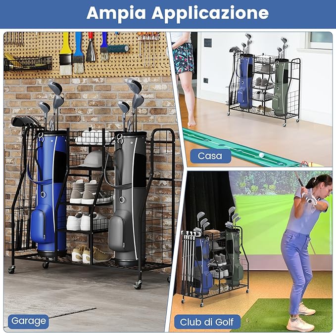 Organizer per Borse da Golf, Carrello per Sacca da Golf con Supporti Rimovibili, Cesta in Rete, Scaffali Aperti, Vassoio e Ruote, Organizzatore Salvaspazio in Metallo per Casa e Garage