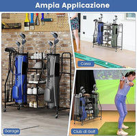 Organizer per Borse da Golf, Carrello per Sacca da Golf con Supporti Rimovibili, Cesta in Rete, Scaffali Aperti, Vassoio e Ruote, Organizzatore Salvaspazio in Metallo per Casa e Garage