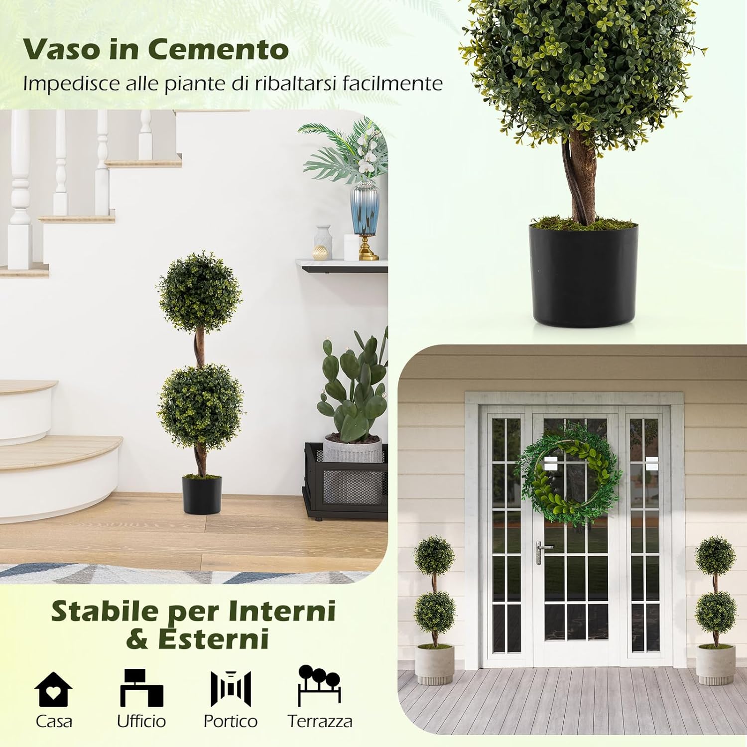 Set di 2 Alberi Artificiali con Tronco Solido da 90 cm, Muschio Naturale e Vaso Stabile Riempito di Cemento, Arbusto Finto Protetto dal Sole per Decorazione Interna ed Esterna