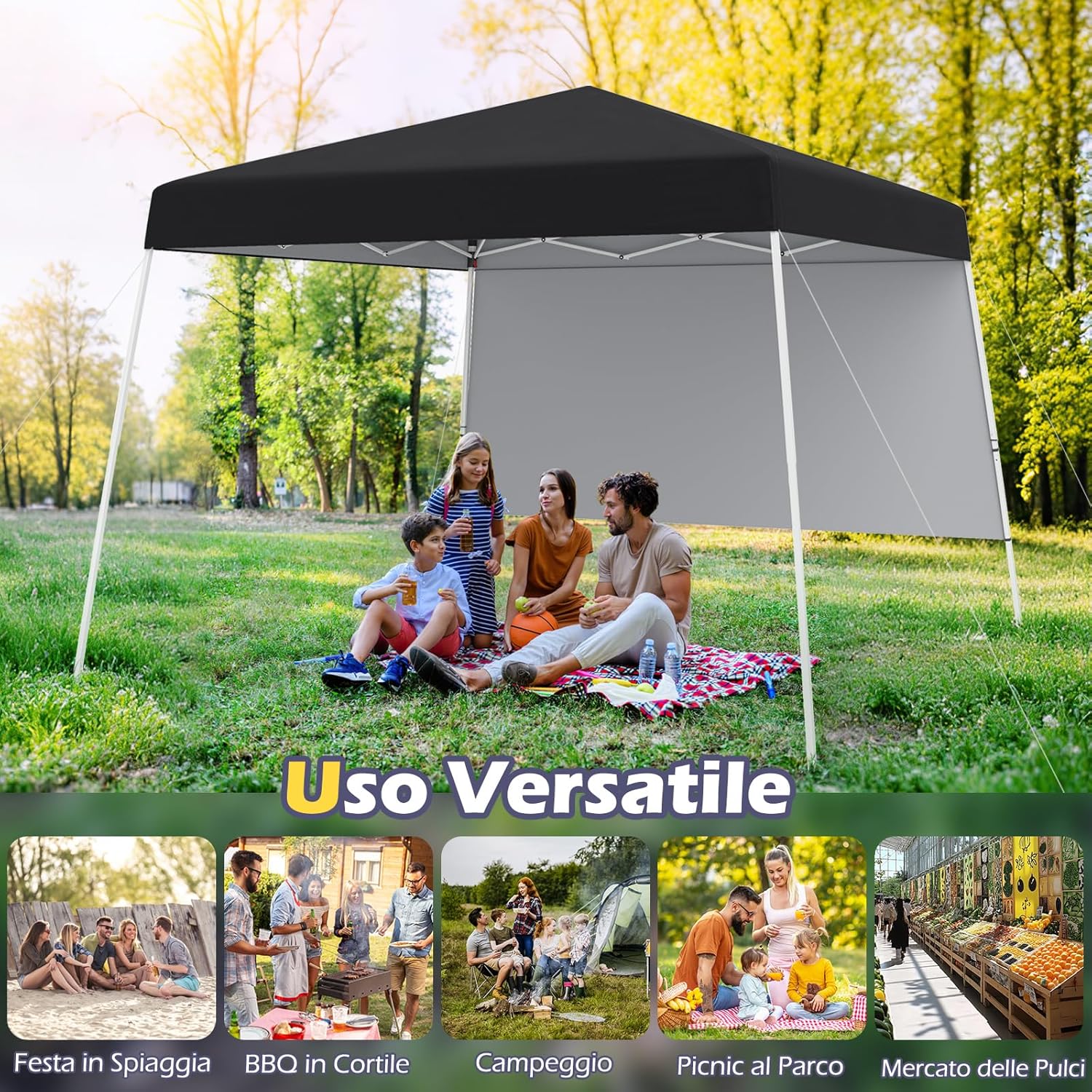 Gazebo Pop-up da Esterno 3 x 3 m, Gezebo Pieghevole con 1 Parete Laterale, Zaino Portatile e 4 Picchetti, Tendone Impermeabile e Resistente per Campeggio e Feste (Nero)