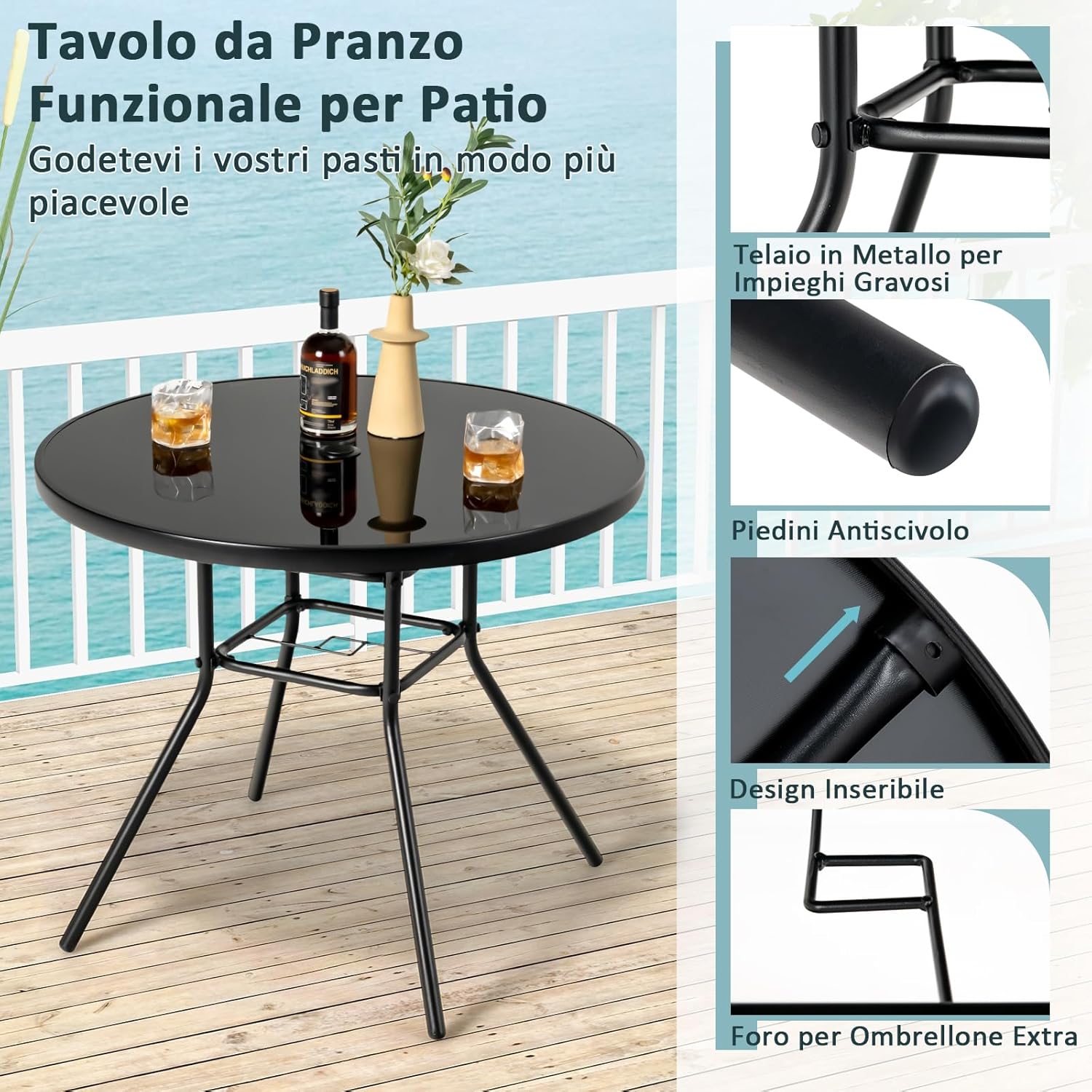 Tavolo Rotondo da Giardino con Buco per Ombrellone, Tavolo da Esterno in Vetro Temperato Struttura in Metallo, Tavolino per Balcone, Terrazza, Sala Pranzo e Soggiorno, 86 x 86 x 71 cm, Nero