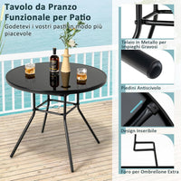 Tavolo Rotondo da Giardino con Buco per Ombrellone, Tavolo da Esterno in Vetro Temperato Struttura in Metallo, Tavolino per Balcone, Terrazza, Sala Pranzo e Soggiorno, 86 x 86 x 71 cm, Nero