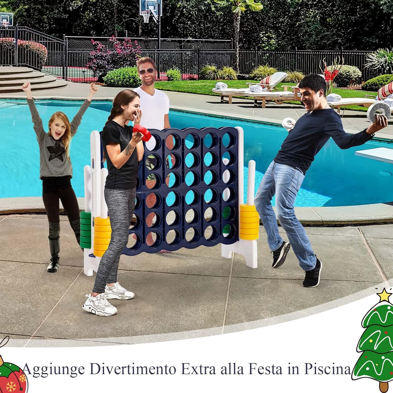 Forza 4 Gigante da 104 cm per Bambini e Adulti, Set Forza 4 per Interni ed Esterni con 42 Anelli Giganti e Dispositivo di Scorrimento a Sgancio Rapido, Perfetto per Feste e Vacanze, Blu