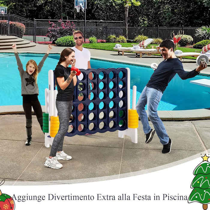 Forza 4 Gigante da 104 cm per Bambini e Adulti, Set Forza 4 per Interni ed Esterni con 42 Anelli Giganti e Dispositivo di Scorrimento a Sgancio Rapido, Perfetto per Feste e Vacanze, Blu