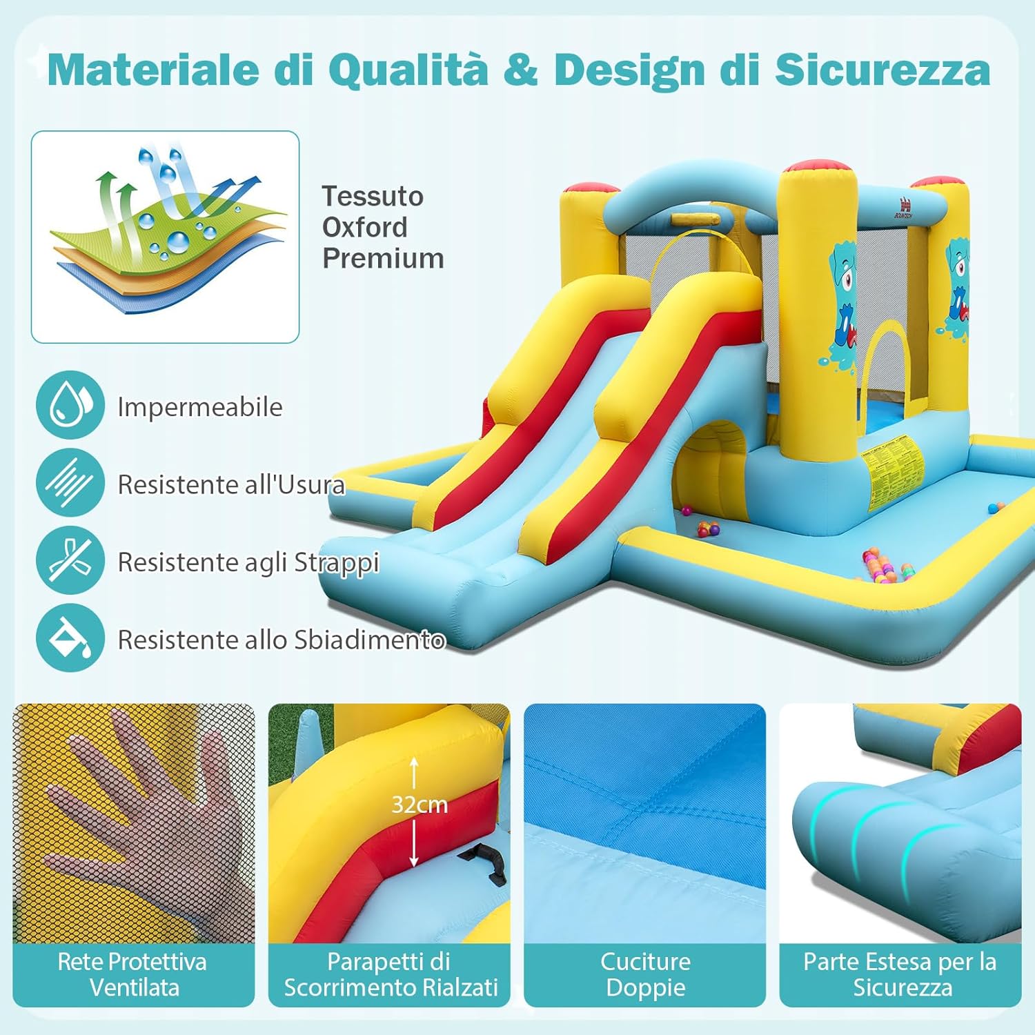 Castello Gonfiabile 7 in 1 per Bambini con Scivolo, Castello Gonfiabile con Mongolfiera, 50 Palline, Anelli e Basket, Gioco Gonfiabile da Interno ed Esterno, per Bambini da 3 a 10 Anni