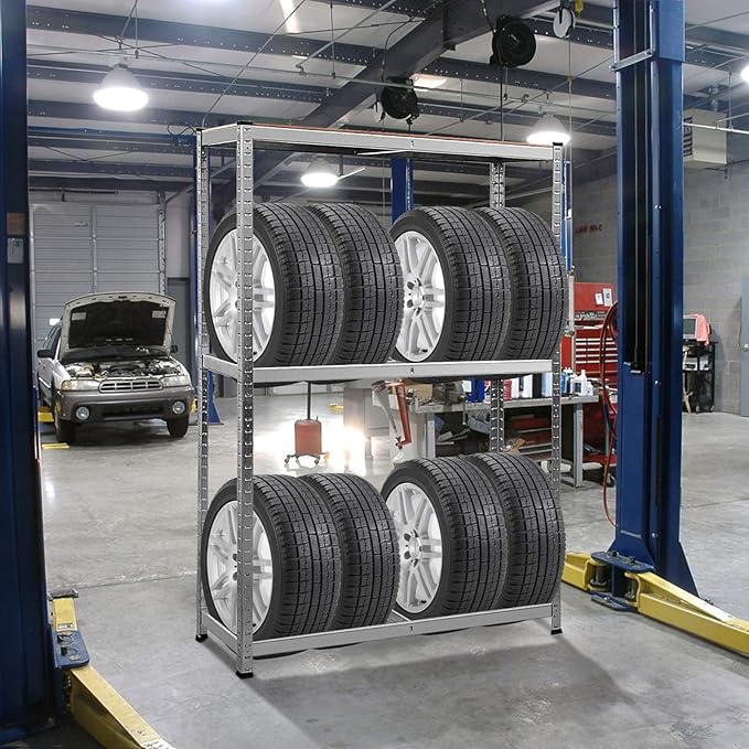 Scaffale Portagomme, Scaffale per Pneumatici in Acciaio 3 Ripiani, Scaffale per 8 Gomme da Officina Garage, 795kg, 120 x 40 x 180 cm
