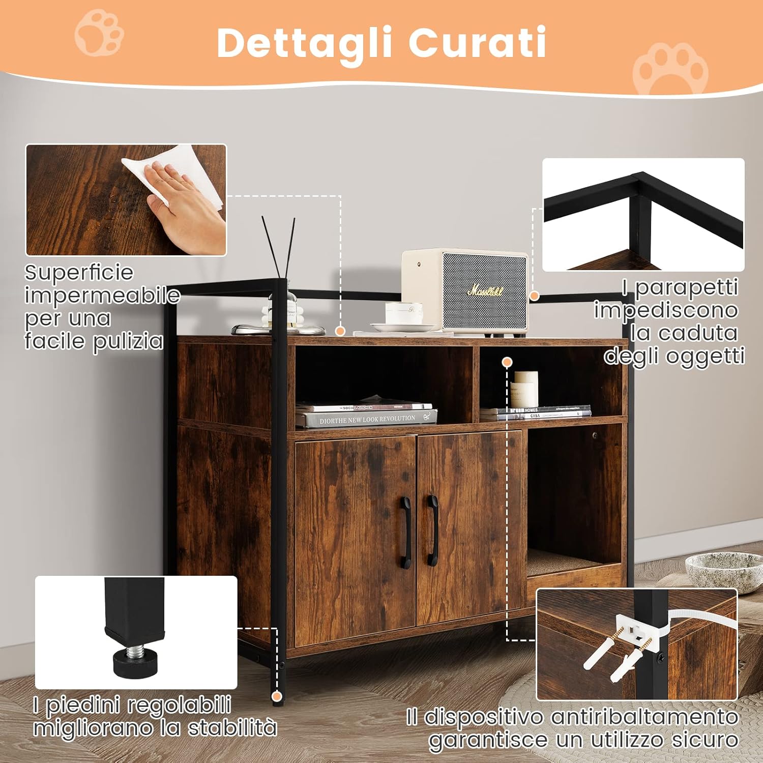 Mobile per Lettiera Gatti con Ripiani Aperti e Ripiani Chiusi con Maniglie, Mobiletto Multiuso per Ingresso e Soggiorno, 82,5 x 51 x 51 cm, Portata 50 kg (Marrone)