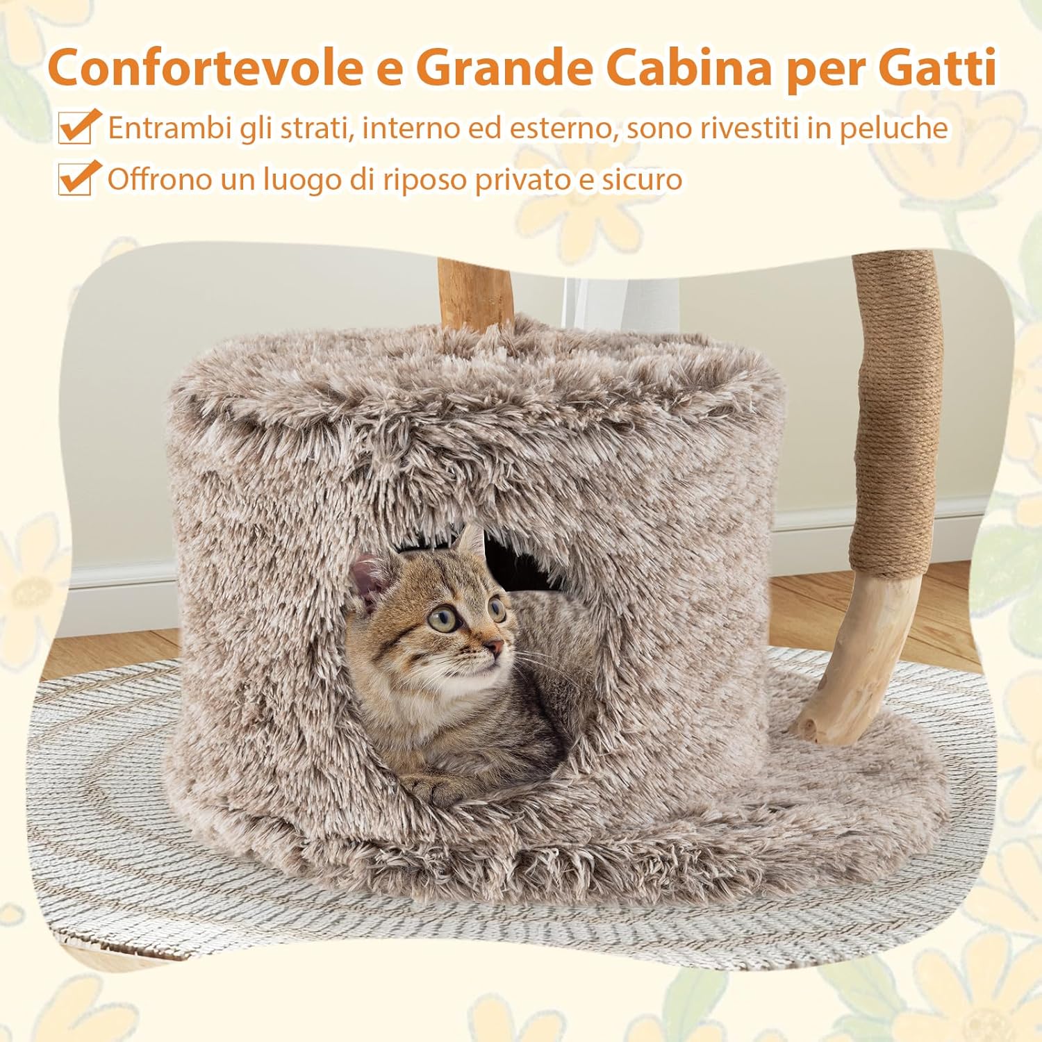 Albero per Gatti in Legno di Pero 105cm, Torre per Gatti con Tiragraffi in Sisal, Piattaforme e Pallina Pendente, Cuccia per Animali Domestici