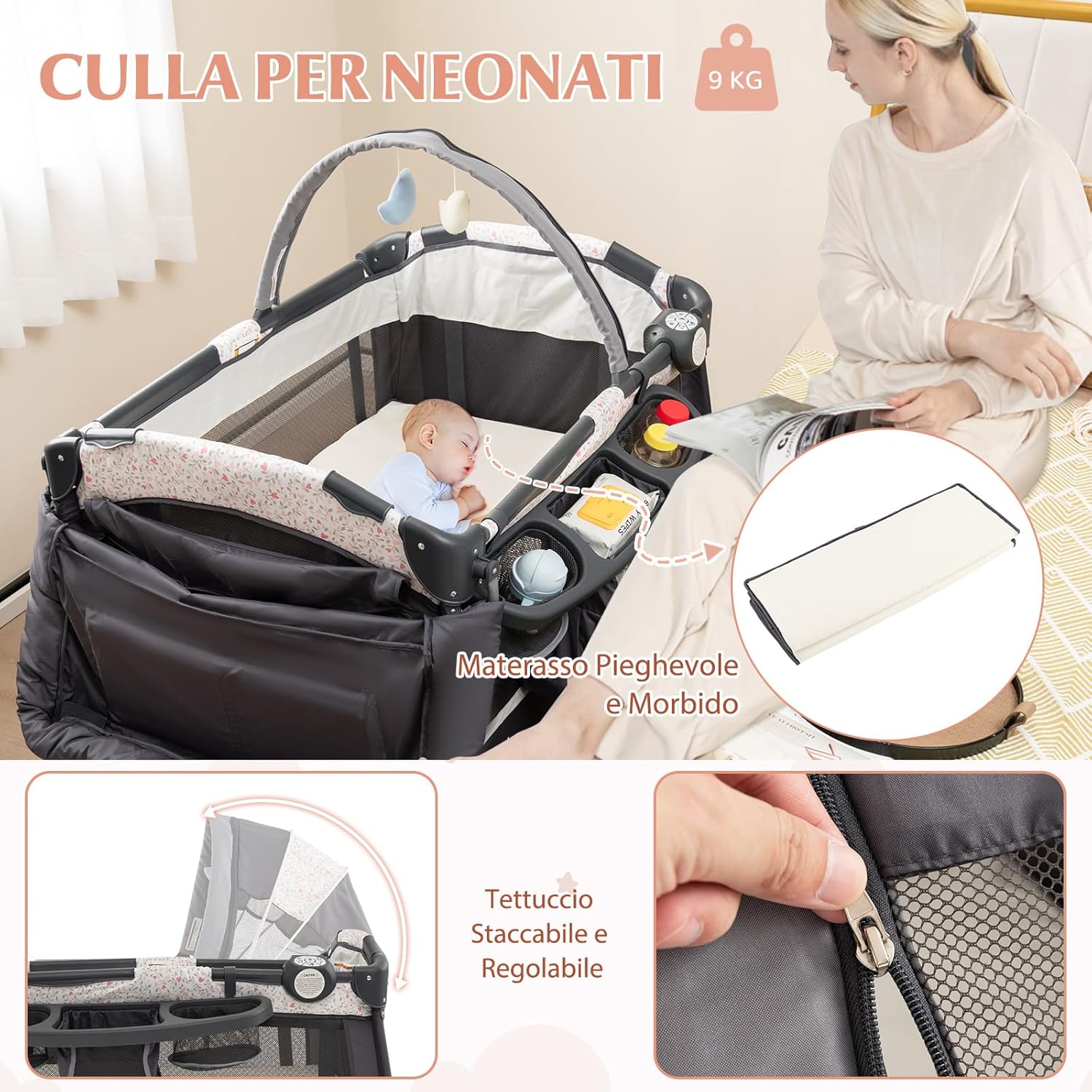 4 in 1 Lettino da Campeggio con Fasciatoio, Lettino Pieghevole per Bambini con Materasso, Centro Neonati con Culla, Box Musicale, Cappottina Regolabile, Borsa da Viaggio (Fiore Piccolo)