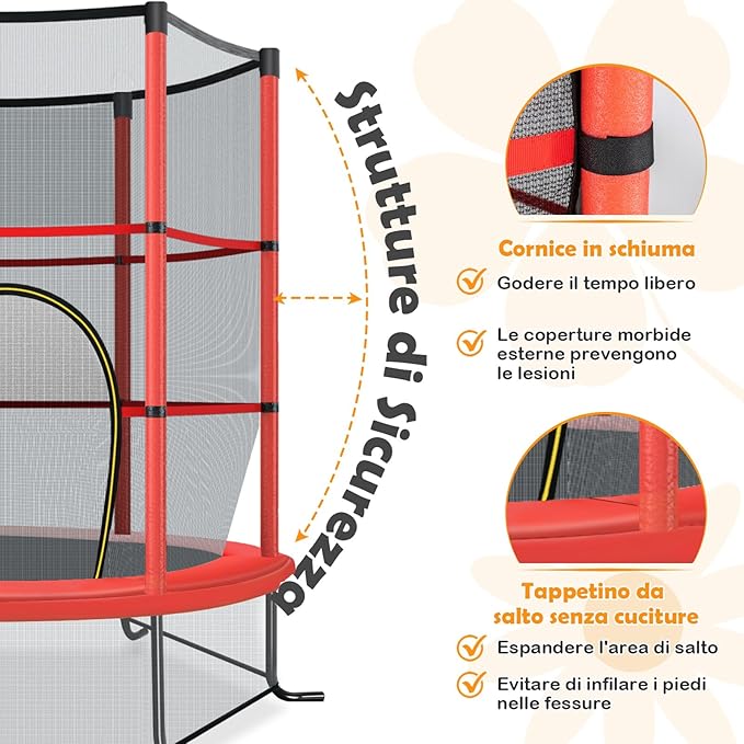 Trampolino Elastico Bambino in Acciaio, Tappeto Elastico Bambini da Esterno e da Interno, con Rete e Cusicnetti Antiscivolo