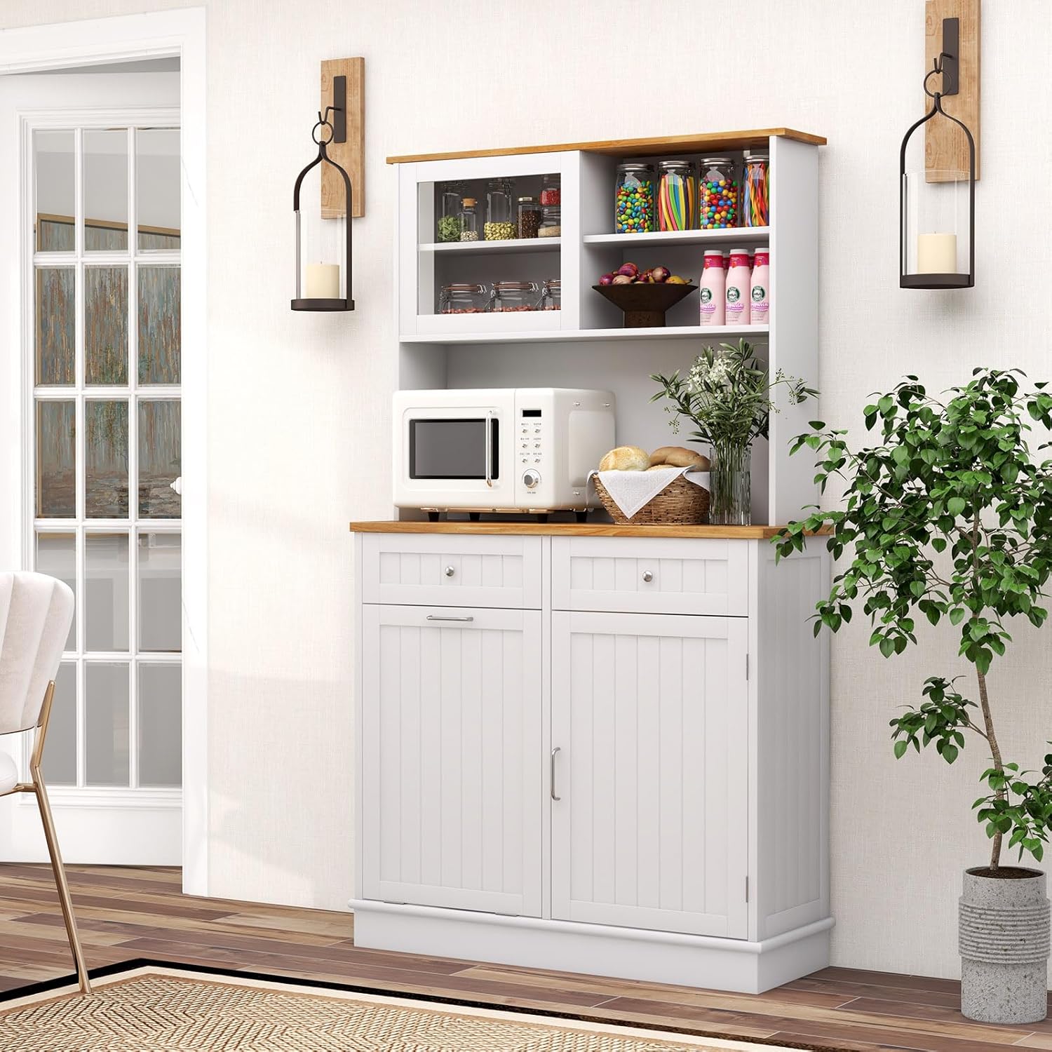 Credenza Alta per Cucina Porta Bidone della Spazzaturi, Mobile Cucina Dispensa con 2 Cassetti, Ante e 2 Ripiani Regolabili, Armadio Cucina in Legno di Gomma, 100 x 34 x 172 cm, Bianco