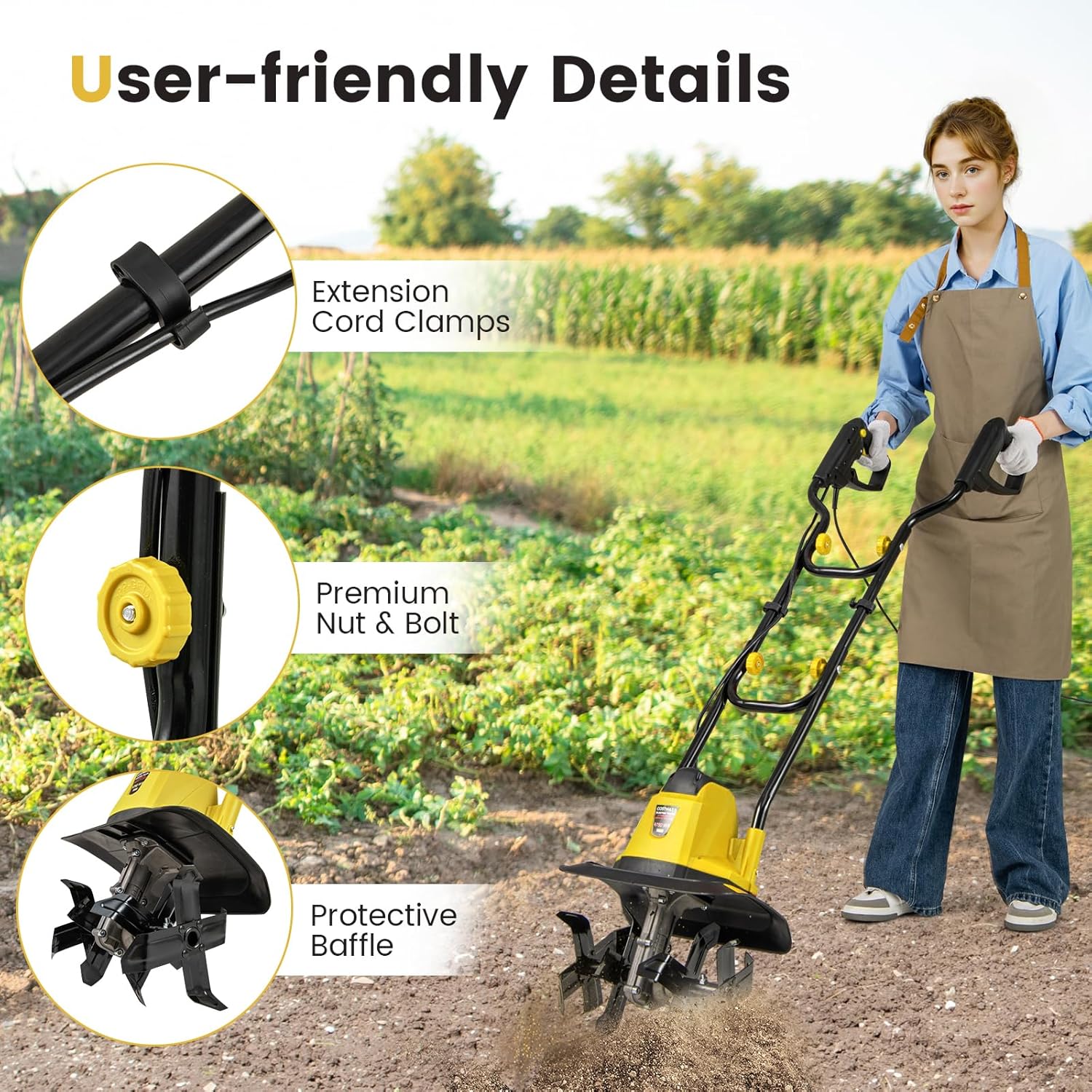 Motozappa Elettrica a Filo, Zappatrice da Giardino con Manico Ergonomico e Motore Forte, Motocoltivatore Pieghevole per Scavare Terreno del Prato (32,5 x 24 x 138 cm,Giallo)