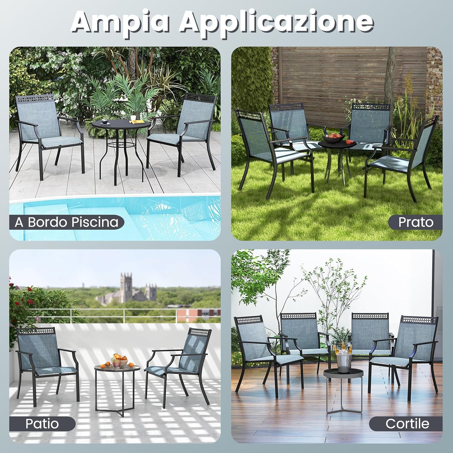 Set di 2 Sedie da Giardino in Textilene, Sedie da Esterno con Schienale Alto, Braccioli, Robusto Telaio in Metallo, Fino a 150 kg, per Patio Terrazza Balcone (Blu + Nero)