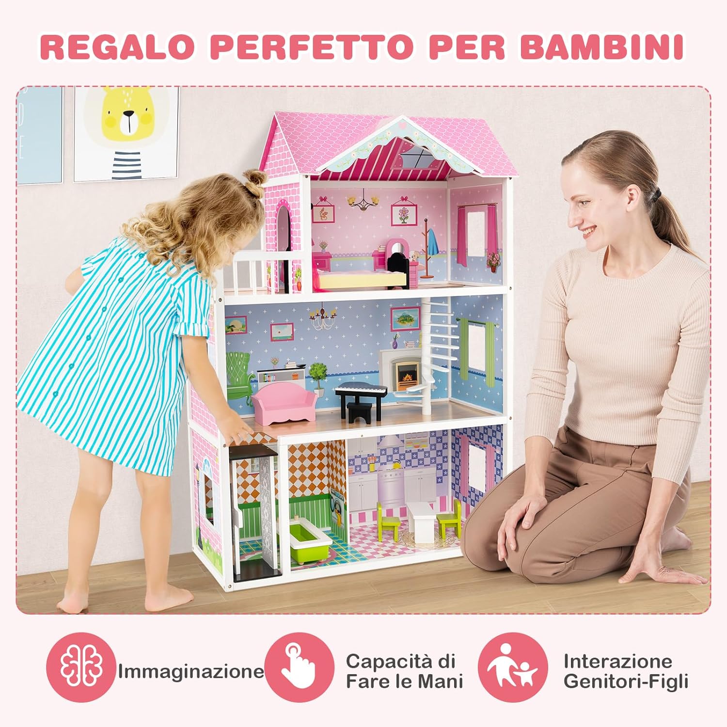 Casa delle Bambole in Legno, con Ascensore Funzionante, Scala Girevole, Stanze Simulate e Ricchi Accessori di Arredamento, Regalo per Bambini di 3+ Anni